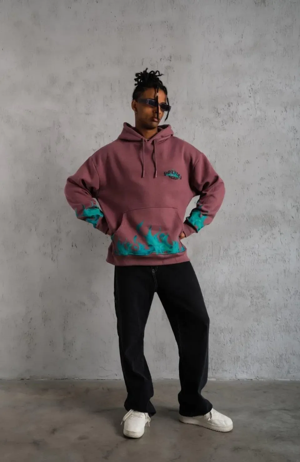 Erkek Üç İplik içi Pamuklu Alev Baskılı Kapüşonlu Sweatshirt - Gül Kurusu Somersan Giyim | Kadın, Erkek ve Çocuk Moda