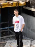 Unisex Bisiklet Yaka Baskılı Oversize T-Shirt - Beyaz
