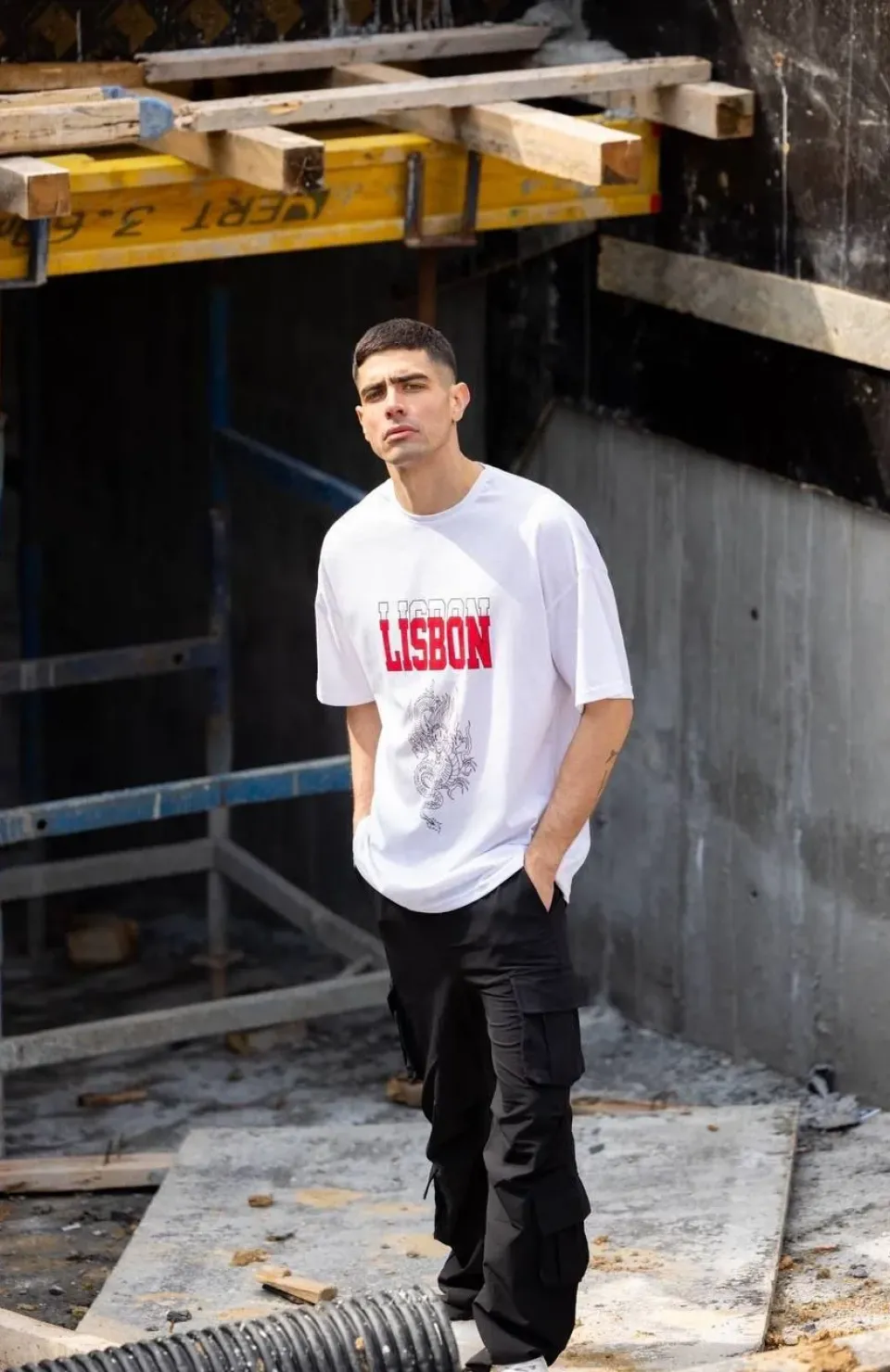 Unisex Bisiklet Yaka Baskılı Oversize T-Shirt - Beyaz