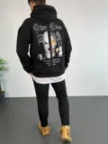 Erkek Kapşonlu Sweatshirt – Oversize Üç İplik Şardonlu Hoodie, “Other Lives” Ön & Arka Baskılı, Kanguru Cepli, Kışlık Rahat Günlük Stil - Siyah