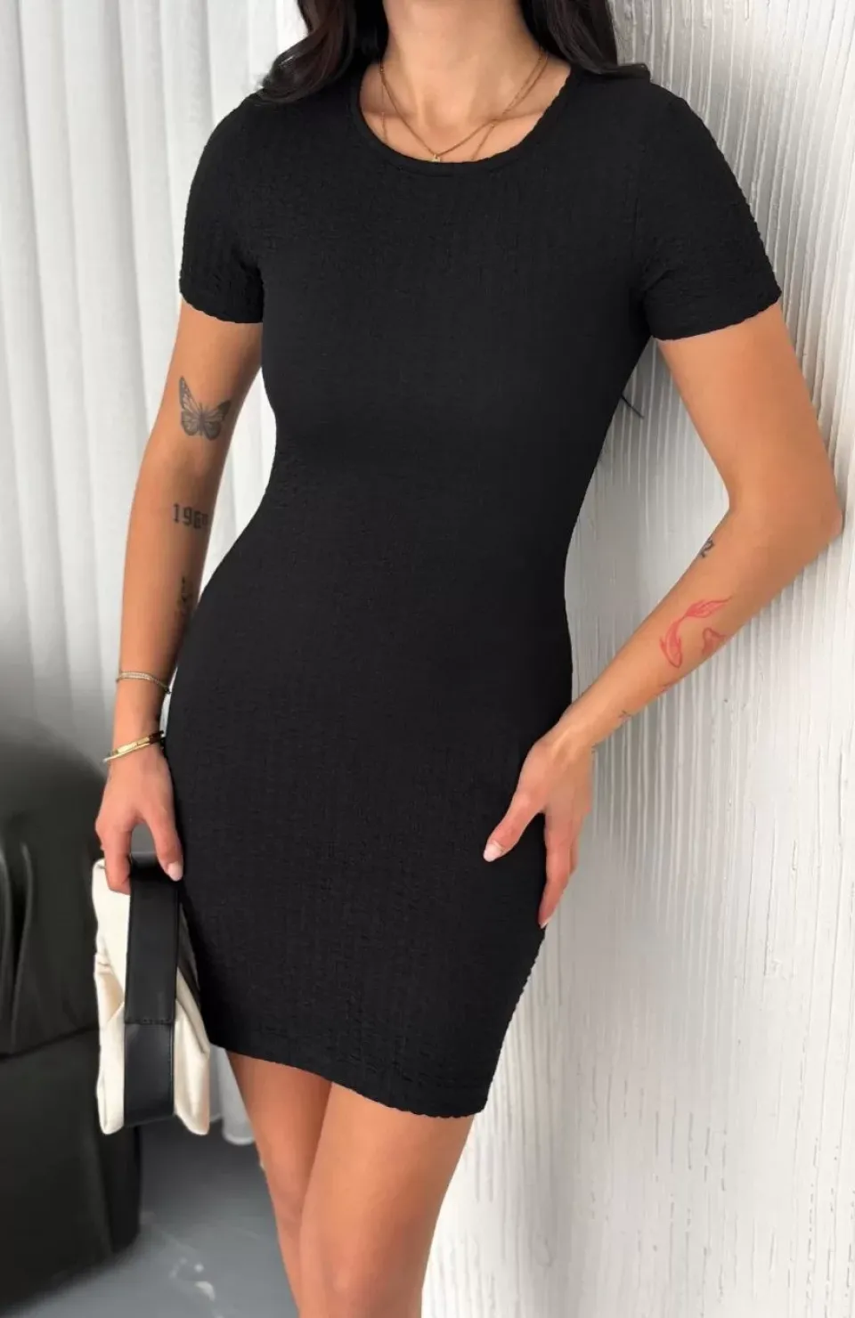 Kadın Bisiklet Yaka Kısa Kol Likralı Elbise - Siyah