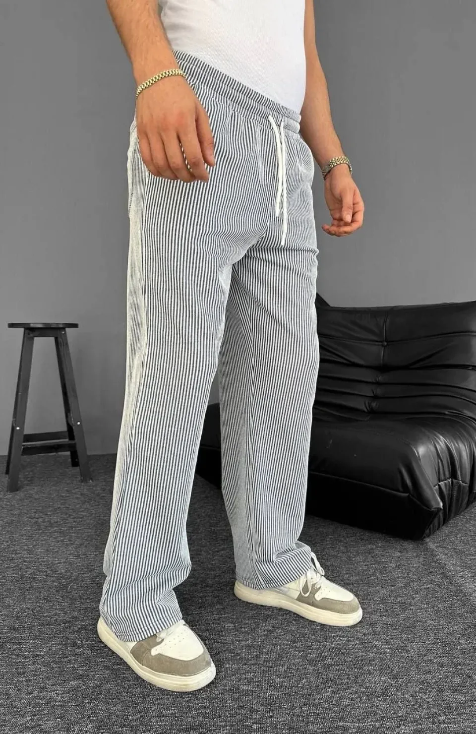 Su Yolu Çizgili Cepli Pantalon Yazlık - Gri