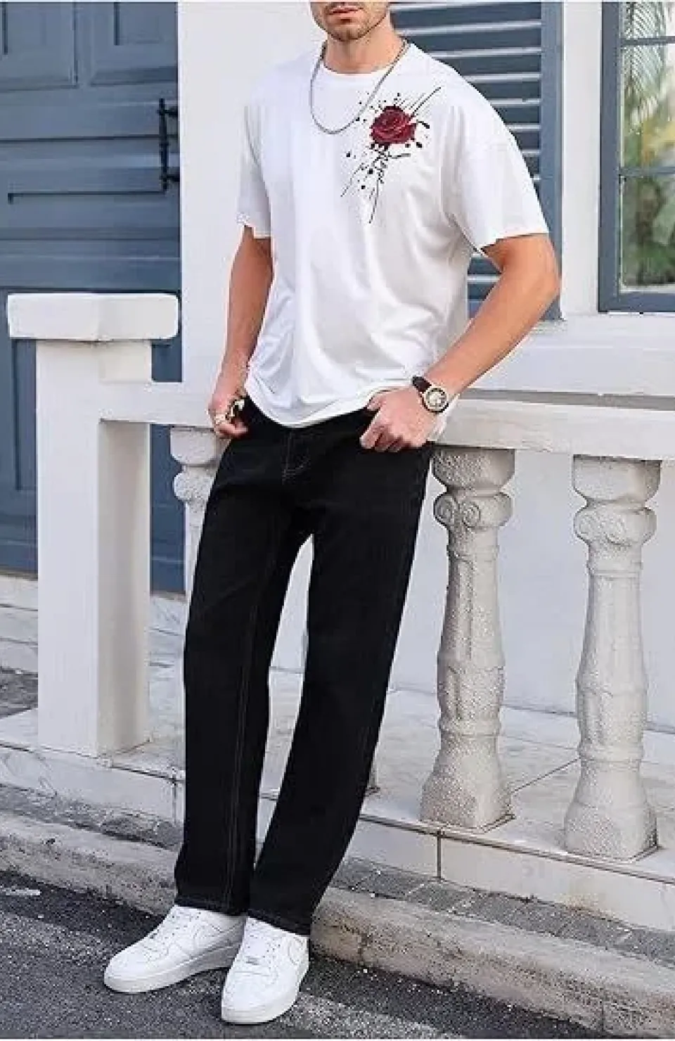 Erkek Bisiklet Yaka Kısa Kol Baskılı T-shirt - Beyaz