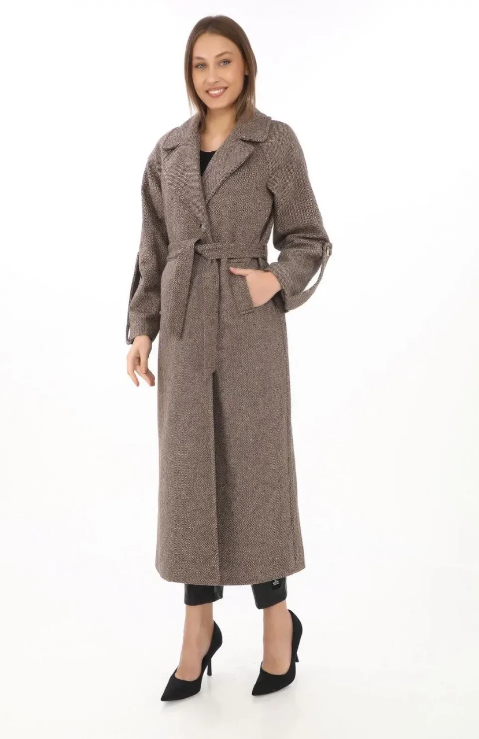 Kadın Kolu Apoletli Astarlı Kaşmir Kaşe Kaban - Vizon