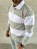 Erkek Polo Yaka Uzun Kollu Çizgili Sweatshirt Trend Rugby Stil - Mint Yeşili