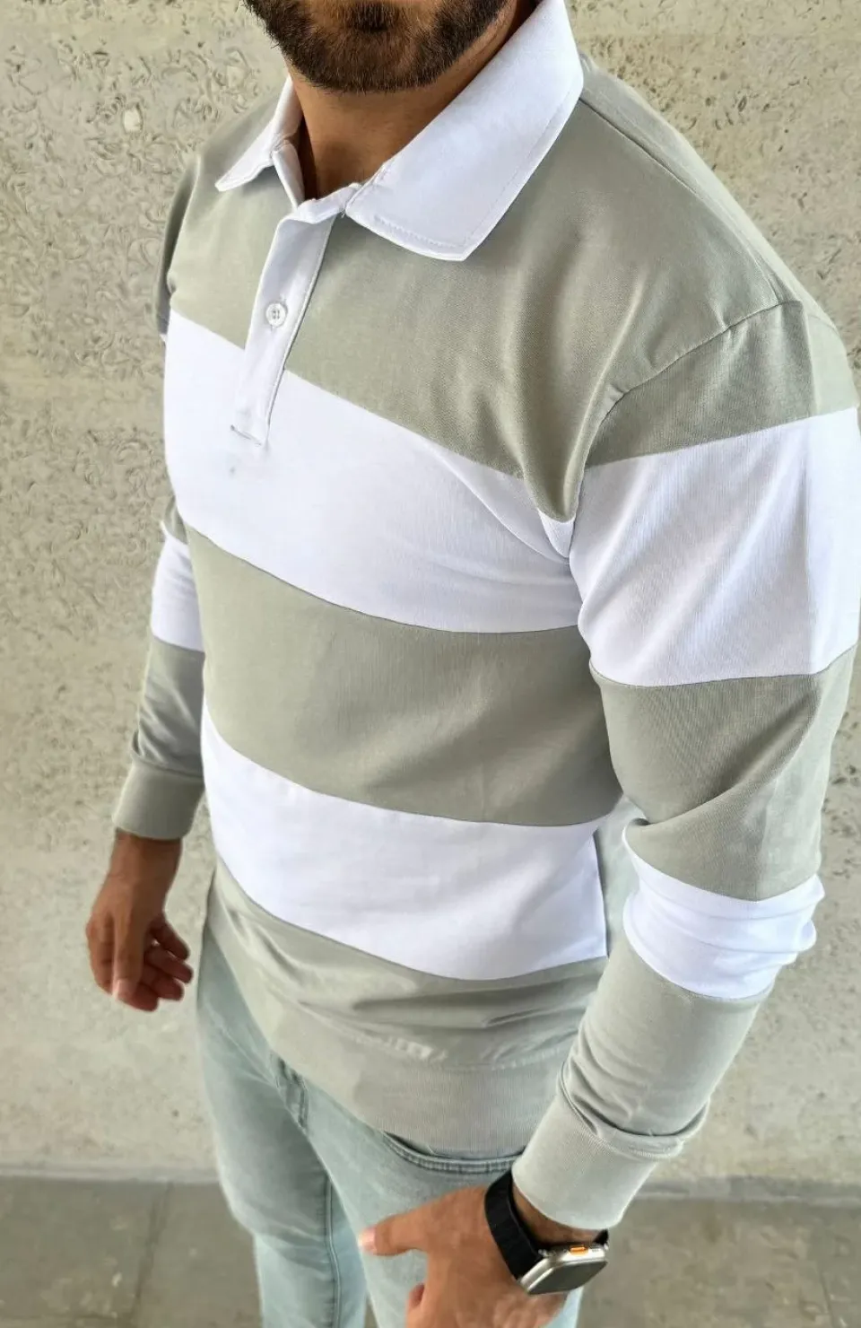 Erkek Polo Yaka Uzun Kollu Çizgili Sweatshirt Trend Rugby Stil - Mint Yeşili