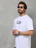 Unisex Bisiklet Yaka Baskılı Oversize T-Shirt - Beyaz