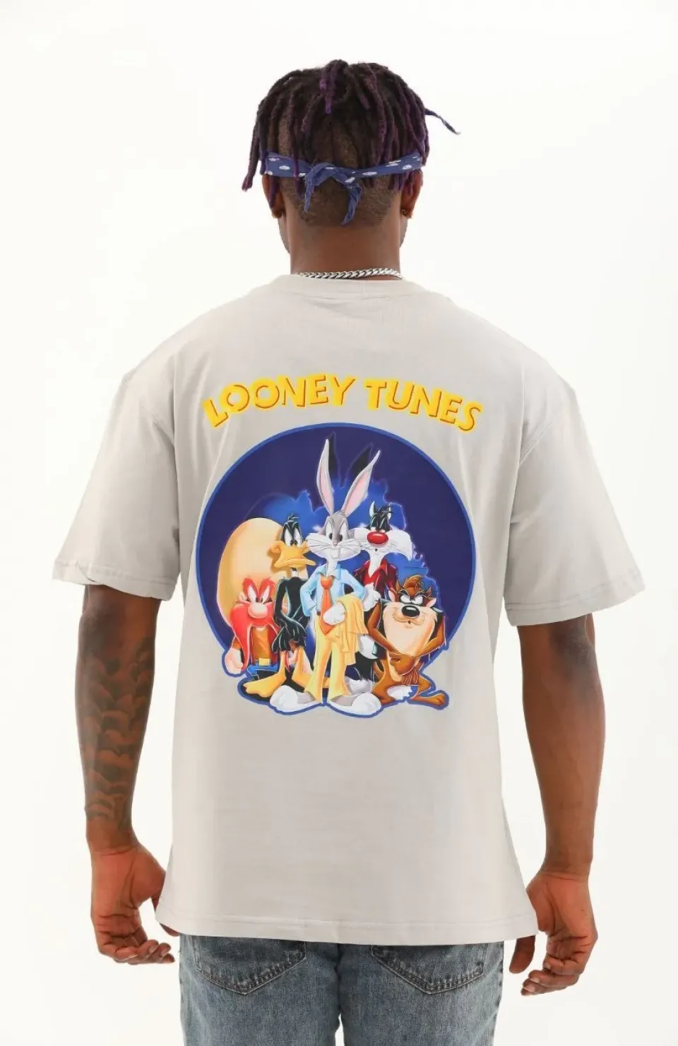 Unisex Oversize Baskılı Bisiklet Yaka T-Shirt - Gri