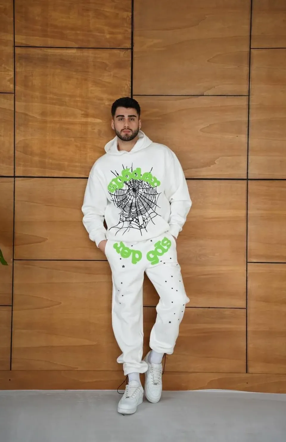 Erkek Kapüşonlu Eşofman Takım Örümcek Ağı ve Neon Yeşil Baskılı Kanguru cepli Oversize Rahat Kalıp, Premium Üç İplik Kumaş - Beyaz