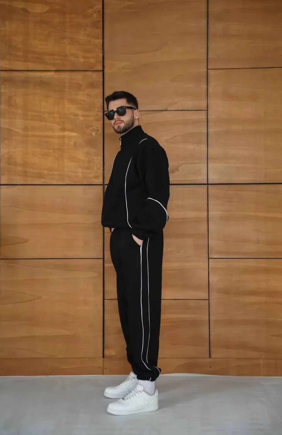 Erkek Premium Parçalı Eşofman Takım - Dik Yaka Fermuarlı Biyeli Sweatshirt Lastik Paça Alt, Oversize 3 iplik Şardonlu - Siyah