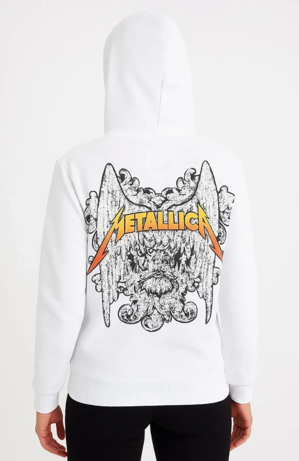 Metallica İki İplik Kapüşonlu Ön ve Arka Baskılı hoodie - Beyaz