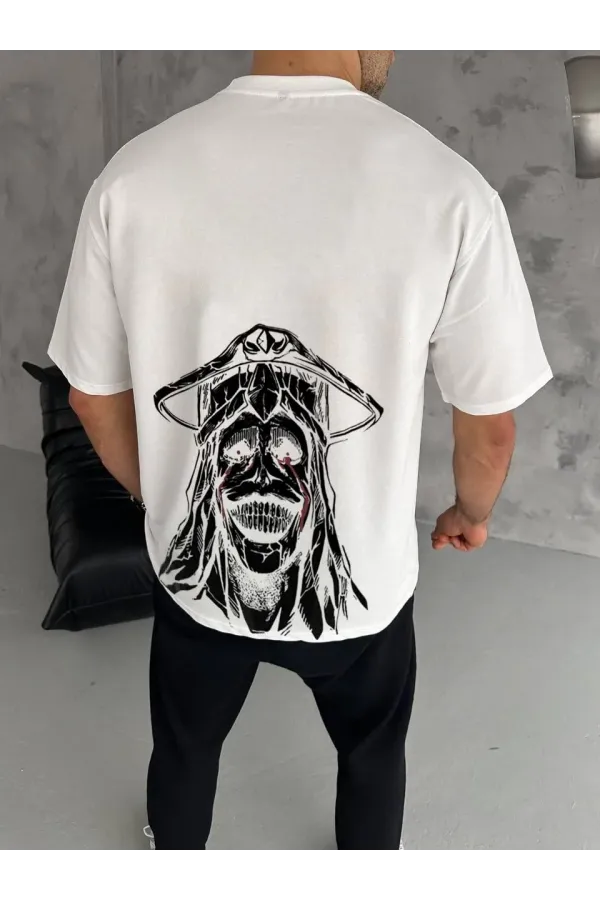 Unisex Bisiklet Yaka Baskılı Oversize T-Shirt - Beyaz