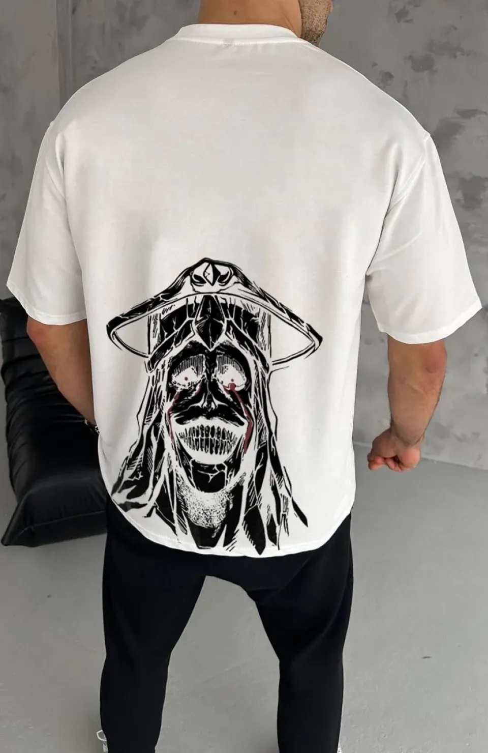 Unisex Bisiklet Yaka Baskılı Oversize T-Shirt - Beyaz