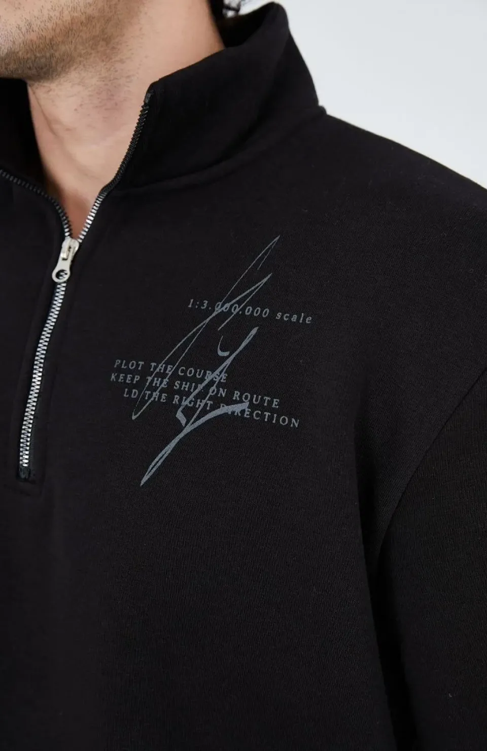 Erkek Yarım Fermuarlı Baskılı Sweat - Siyah Somersan Giyim | Kadın, Erkek ve Çocuk Moda