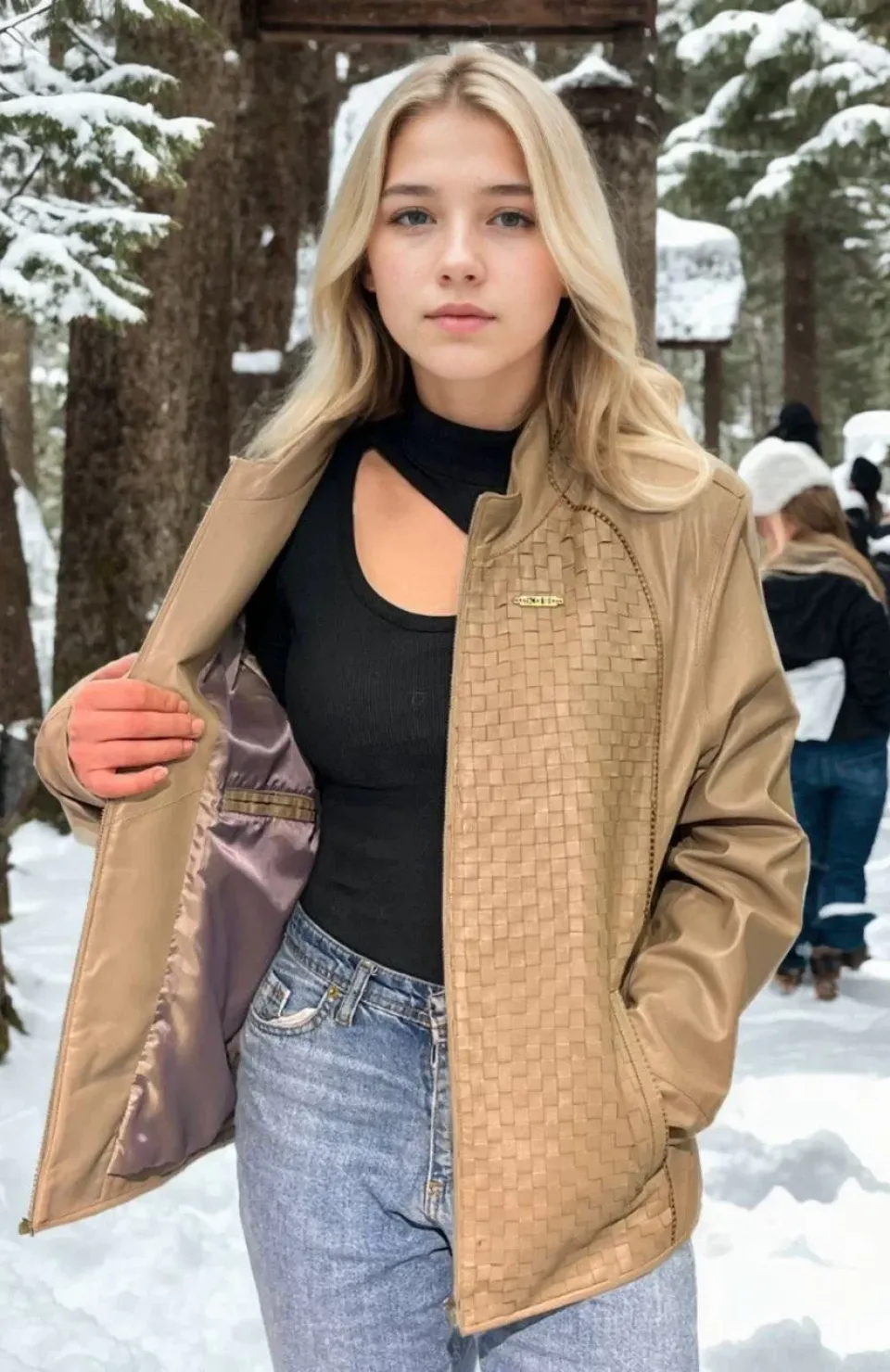 Kadın Fileli Deri Ceket - Krem