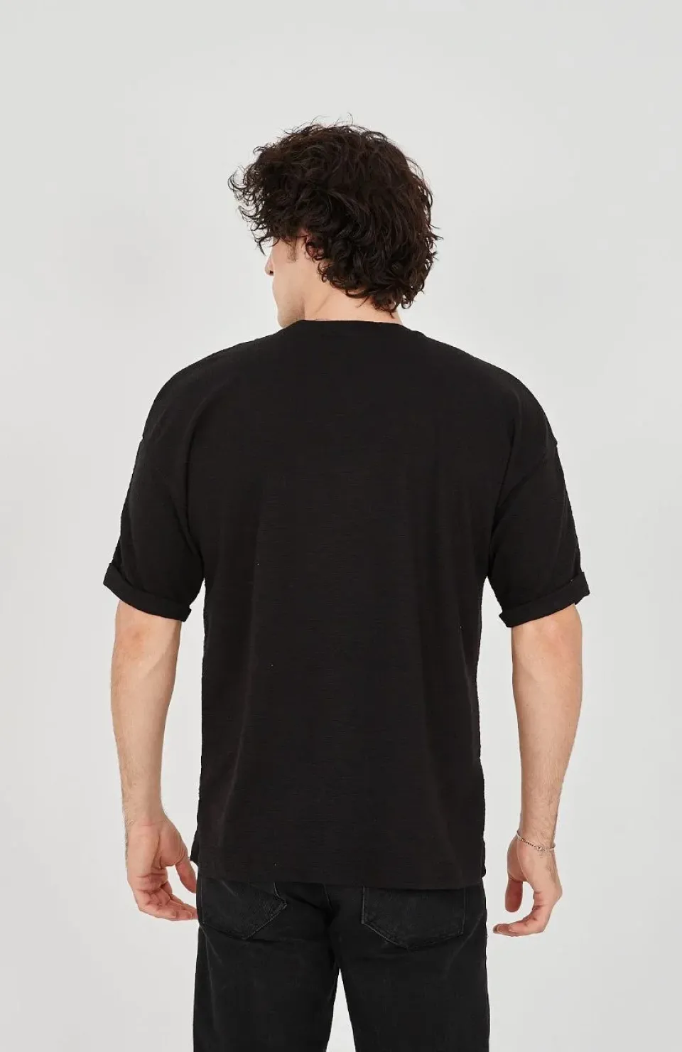 Unisex Jakar Kumaş Rahat Kol T-Shirt - Siyah