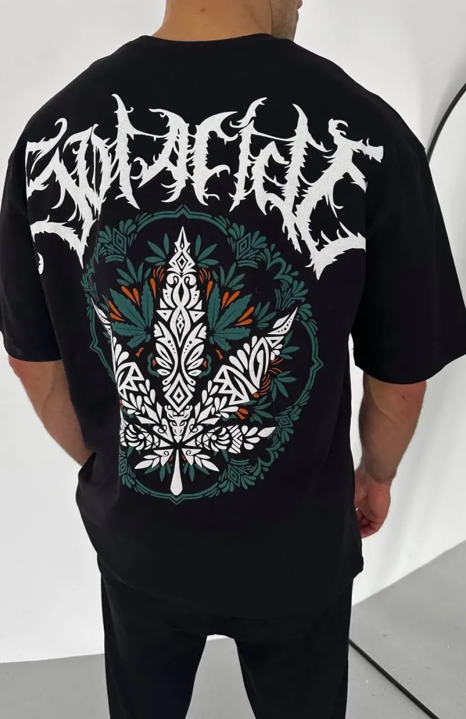 Unisex Bisiklet Yaka Baskılı Oversize T-Shirt - Siyah