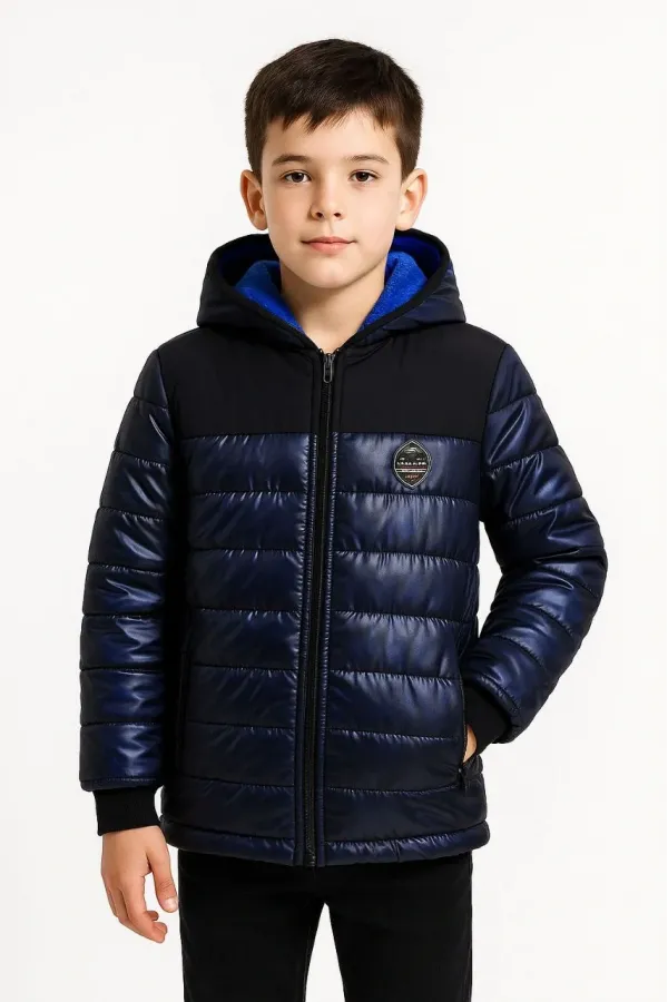 Erkek Çocuk Kamuflaj Desenli Mont İçi Sıcak Tutan Pelüş Astarlı, Kapüşonlu, Fermuarlı Kışlık Su İtici Şişme Mont - Lacivert