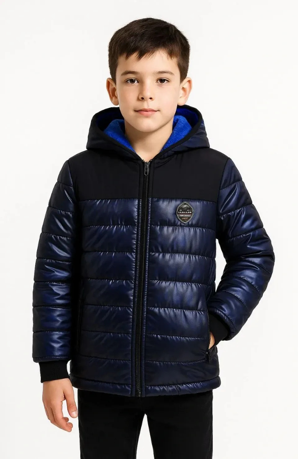 Erkek Çocuk Kamuflaj Desenli Mont İçi Sıcak Tutan Pelüş Astarlı, Kapüşonlu, Fermuarlı Kışlık Su İtici Şişme Mont - Lacivert Somersan Giyim | Kadın, Erkek ve Çocuk Moda