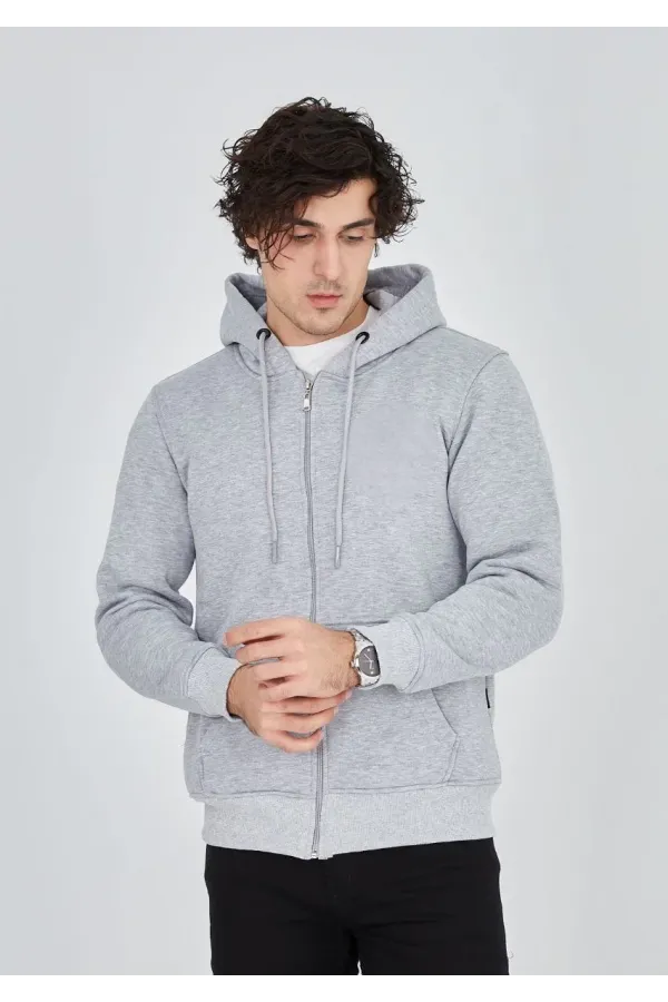 Unisex Tam Fermuarlı Kapşonlu  SweatShirt - Gri