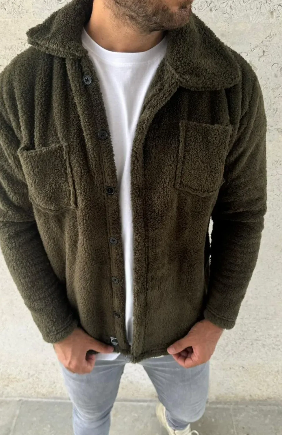 Erkek Pelüş Polar Hırka Gömlek – Yakalı, İlik Düğmeli, Göğüs Cepli, Yumuşak Dokulu Kışlık Regular Fit Rahat Günlük Model - Haki