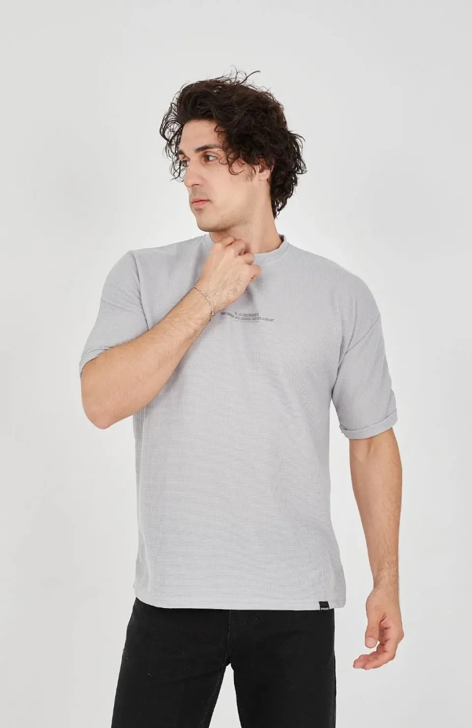 Unisex Waffle Kumaş Rahat Kol T-Shirt - Boyalı Gri