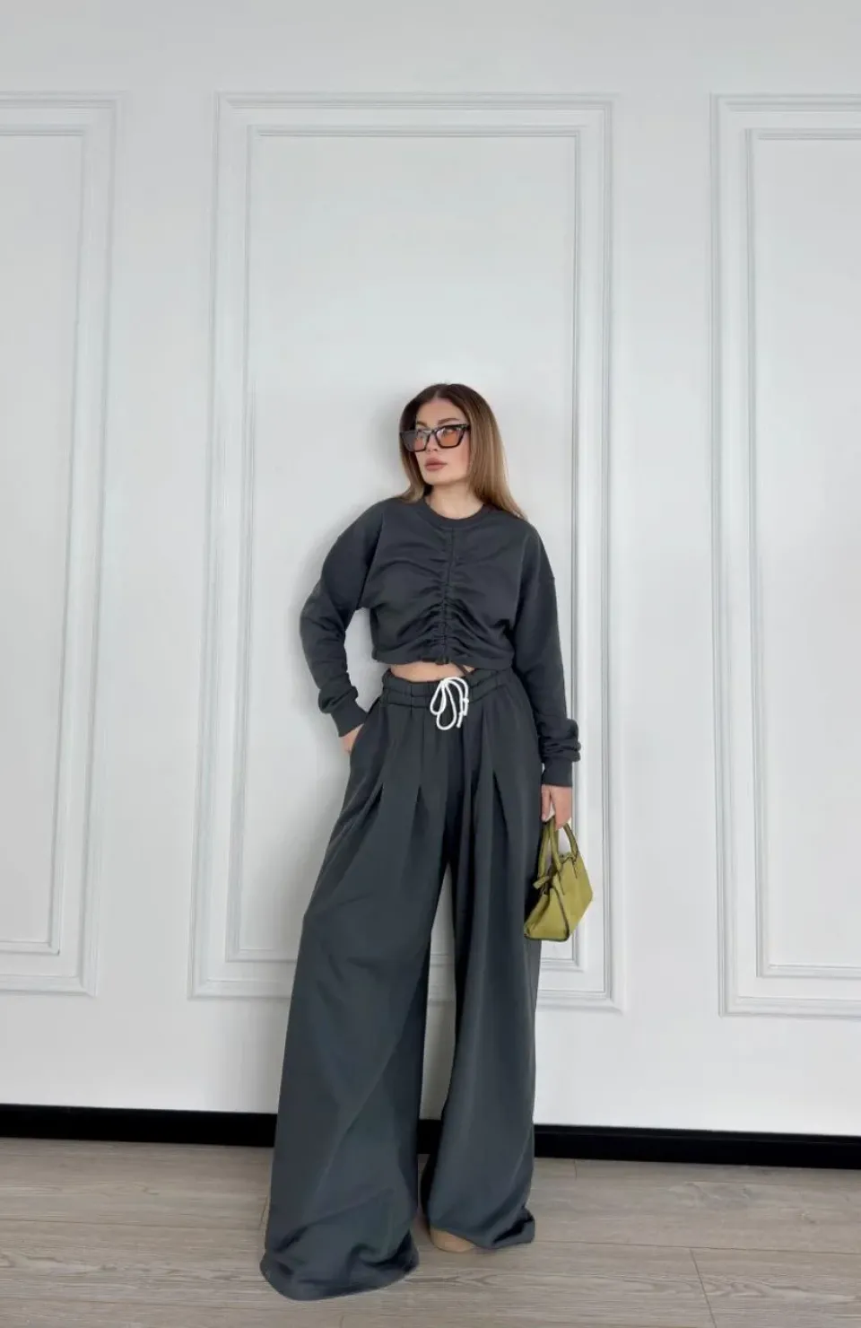 Uzun Kollu Önü İp Büzgülü Crop ve Pantolon İkili Takım - Antrasit