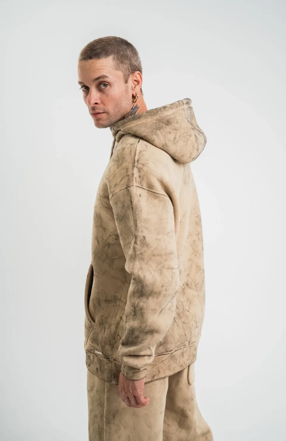 Unisex Double Oversize Kapşonlu Yıkamalı SweatShirt - Bej