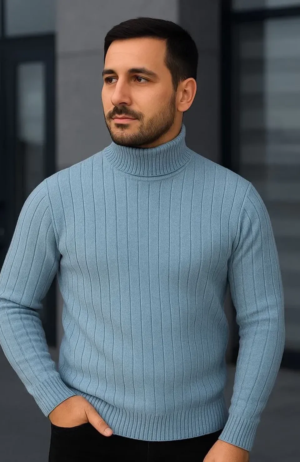 Erkek Balıkcı Yaka Bağazlı Triko Kazak Pamuklu Kalın Fitilli Dokuma, Regular Fit Uzun Kollu Kışlık Model - Bebe Mavisi