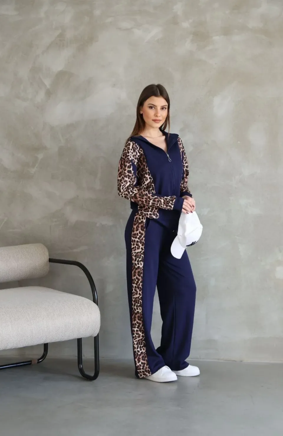 Osy Modal Yumuşak Dokulu Kumaş Kapüşonlu Leopar Desenli Fermuarlı Takım - Lacivert