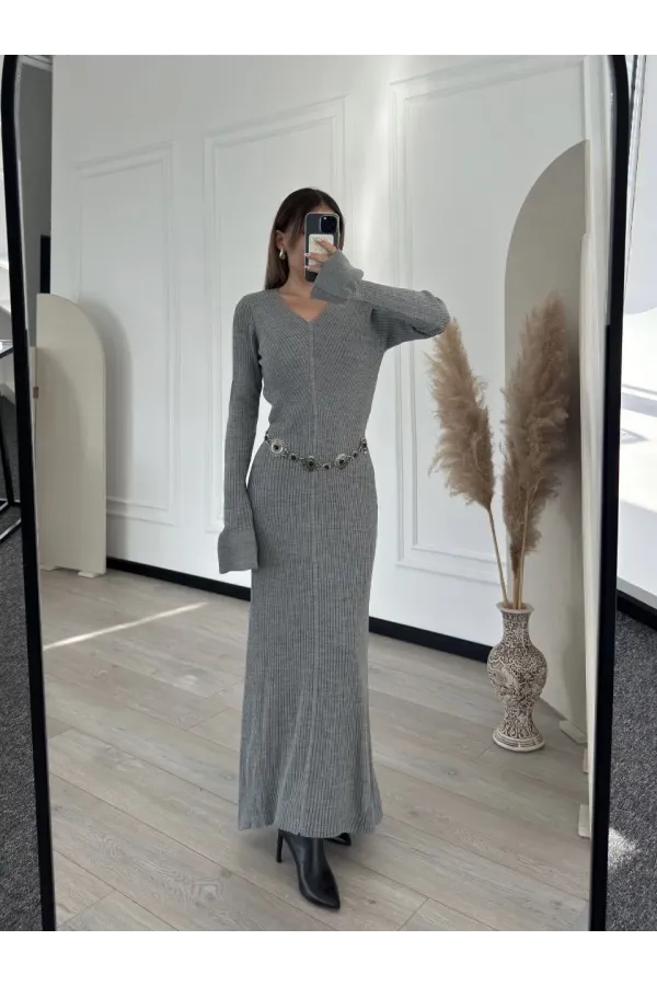 V Yaka Fitilli Uzun Elbise- Gri