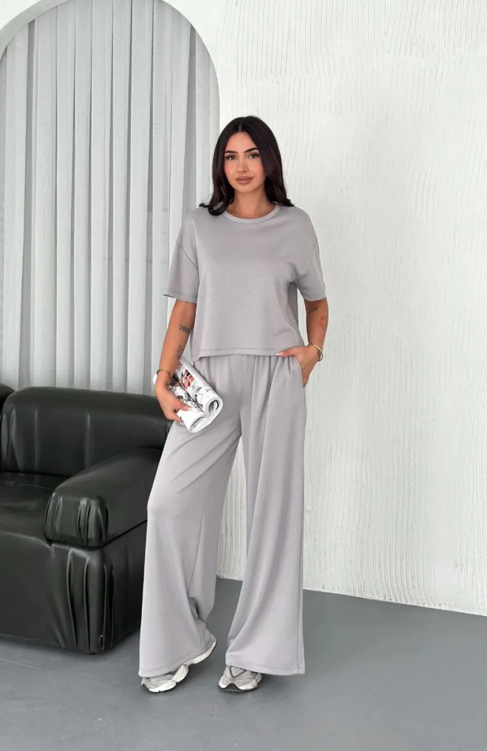 Osy Modal Yumuşak Dokulu Kumaş Bisiklet Yaka T-shirt Bol paça Pantalon ikili Takım - Boyalı Gri