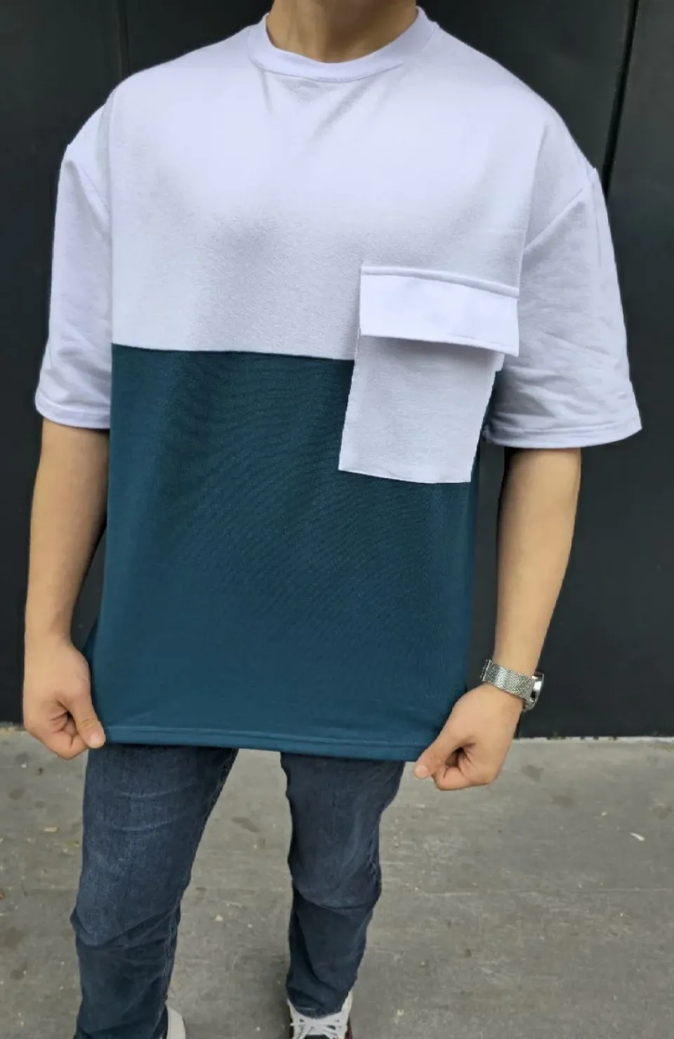 Unisex Torba Cep Detaylı Parçalı T-Shirt - Lacivert