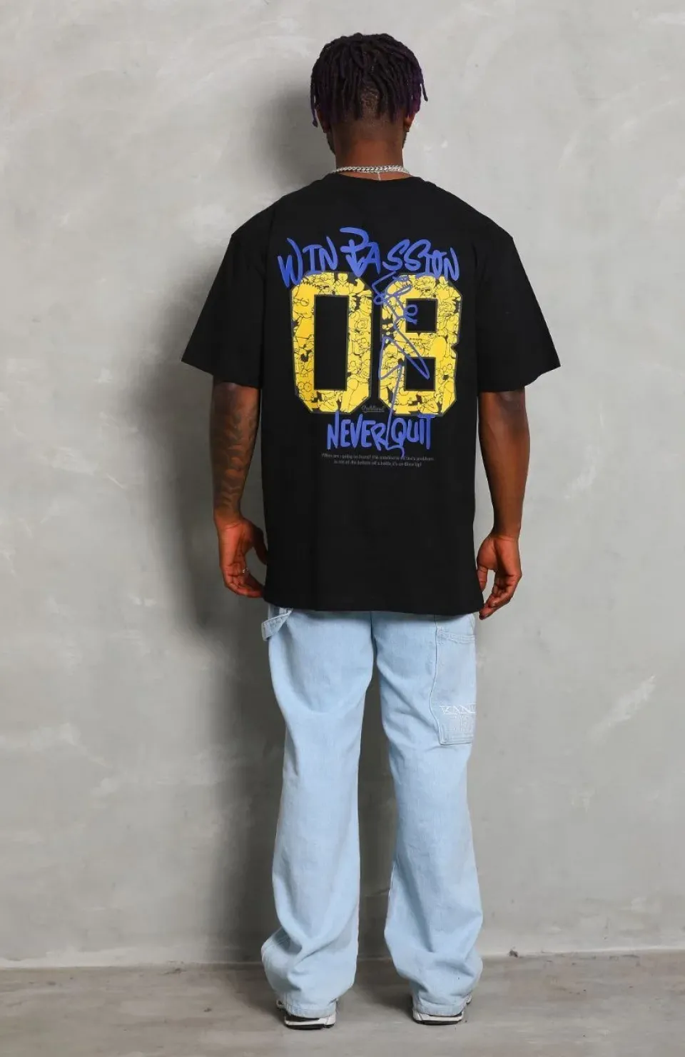 Unisex Oversize Baskılı Bisiklet Yaka T-Shirt - Siyah