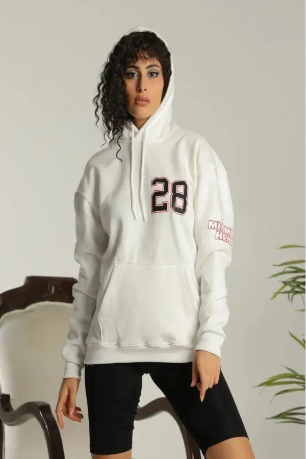 Kadın Sırt Baskılı Oversize Üç İplik Kapüşonlu Sweatshirt - Beyaz