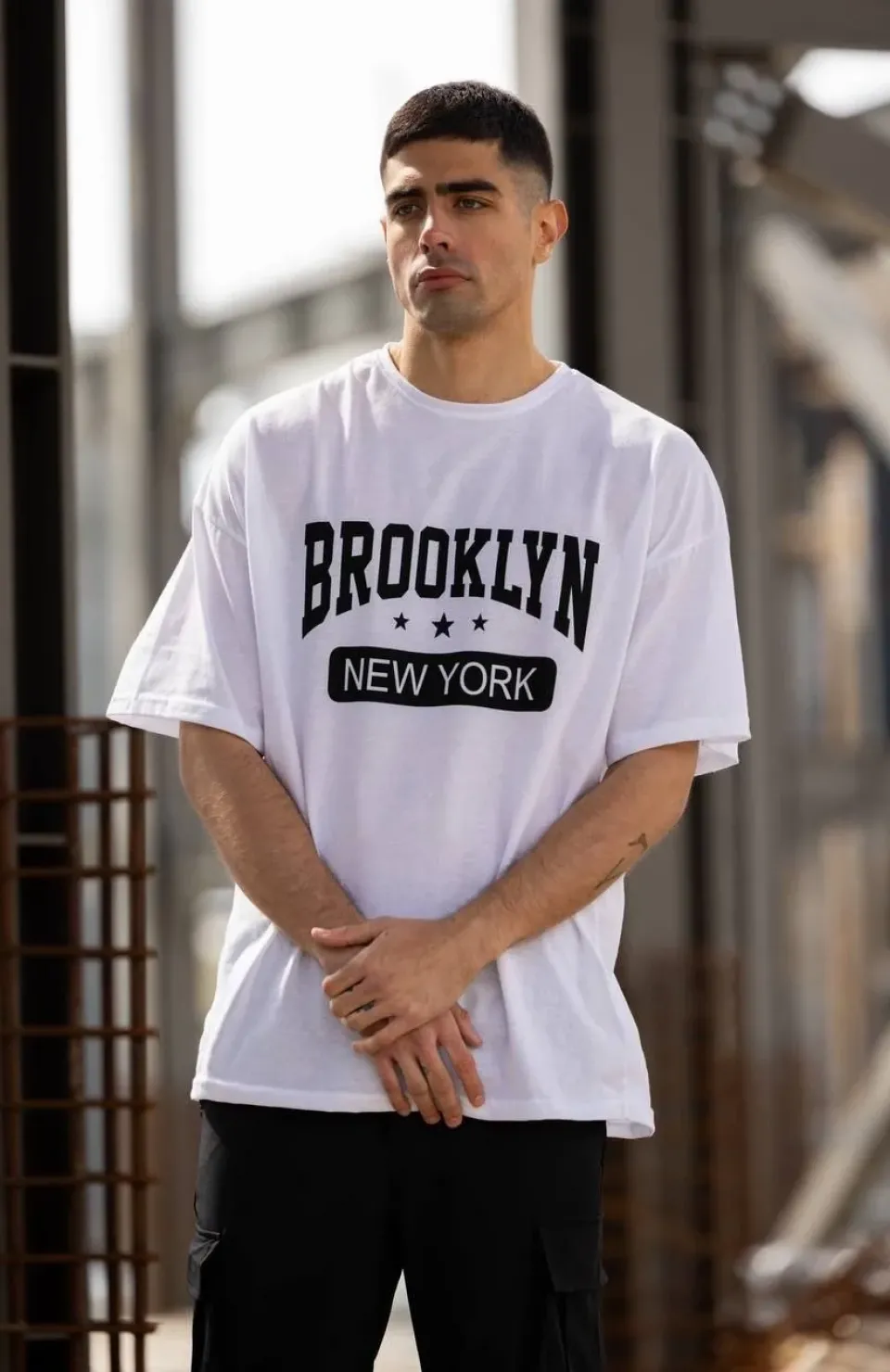 Unisex Bisiklet Yaka Baskılı Oversize T-Shirt - Beyaz