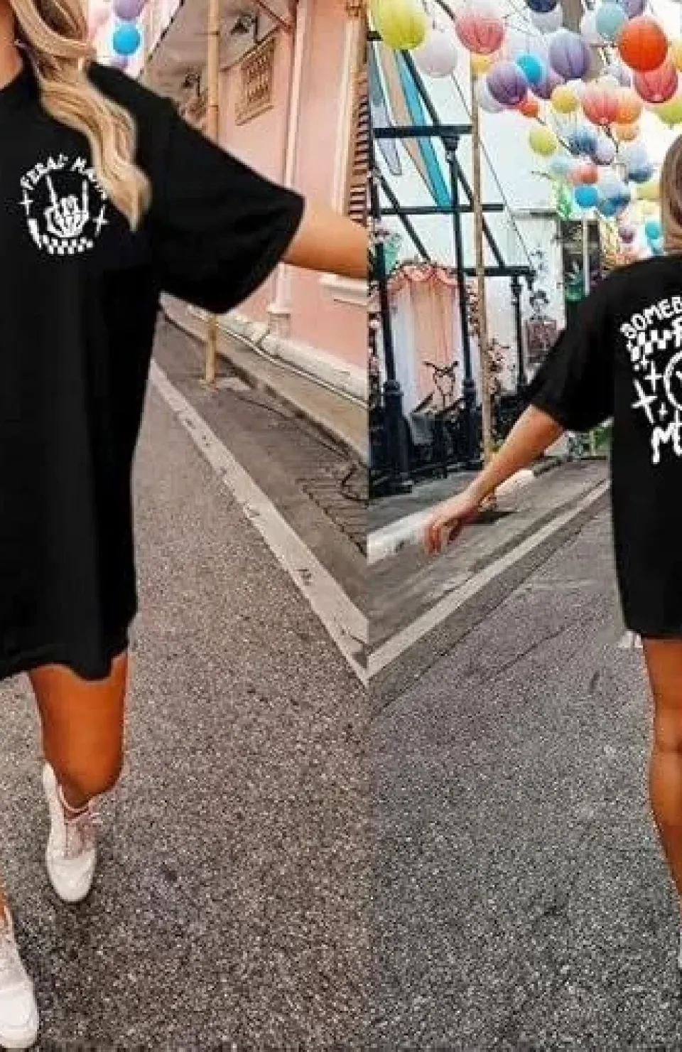 Kadın Bisiklet Yaka Baskılı T-shirt - Siyah