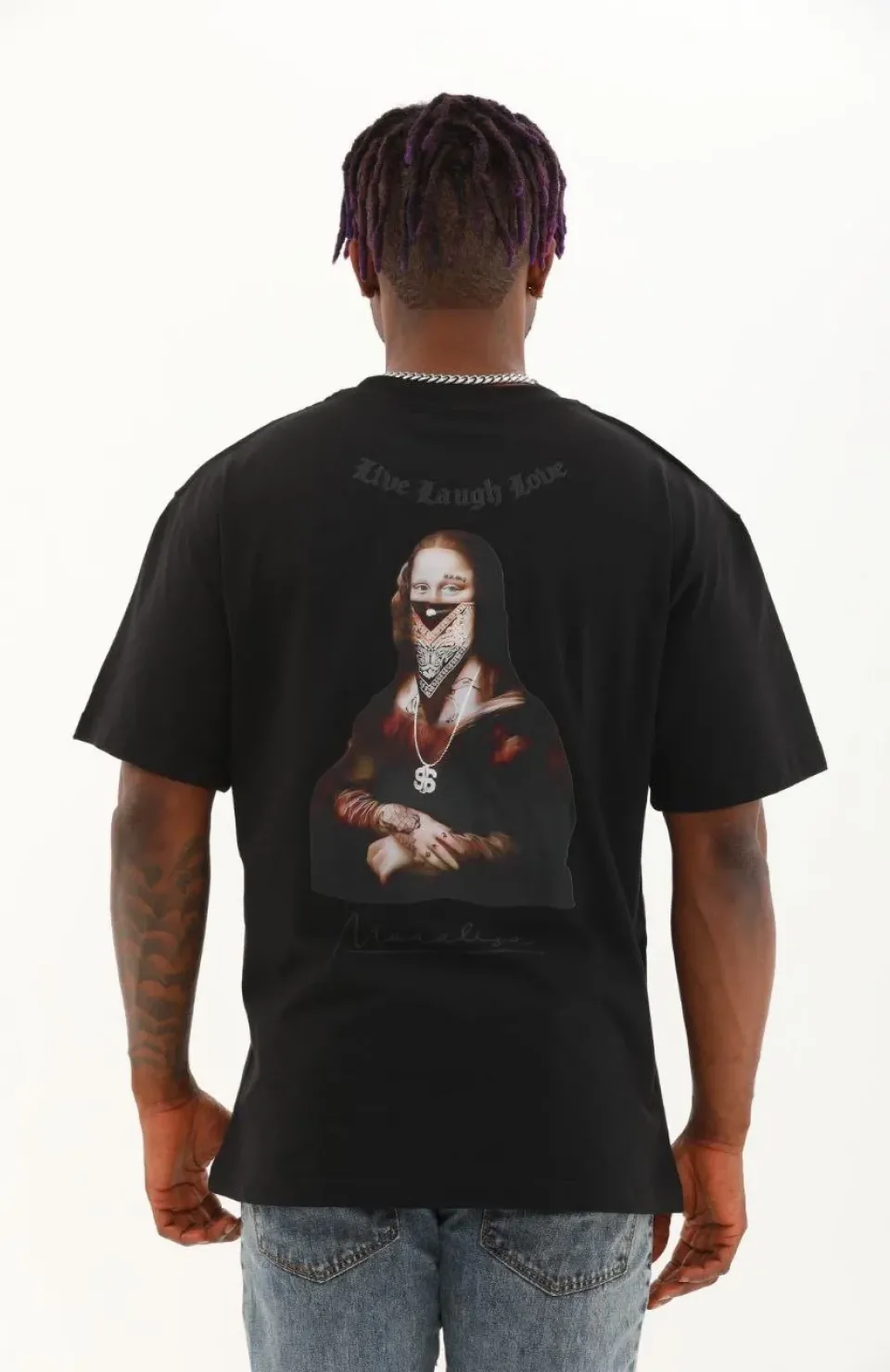 Unisex Oversize Baskılı Bisiklet Yaka T-Shirt - Siyah