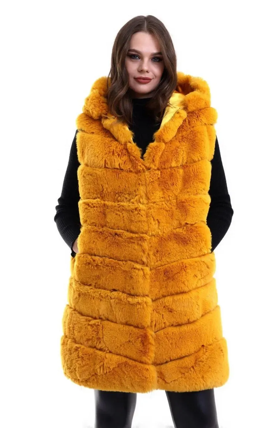 Kadın Kapşonlu Peluş Kürk Yelek Premium Kalite, Tam Astarlı, Uzun Model - Sarı