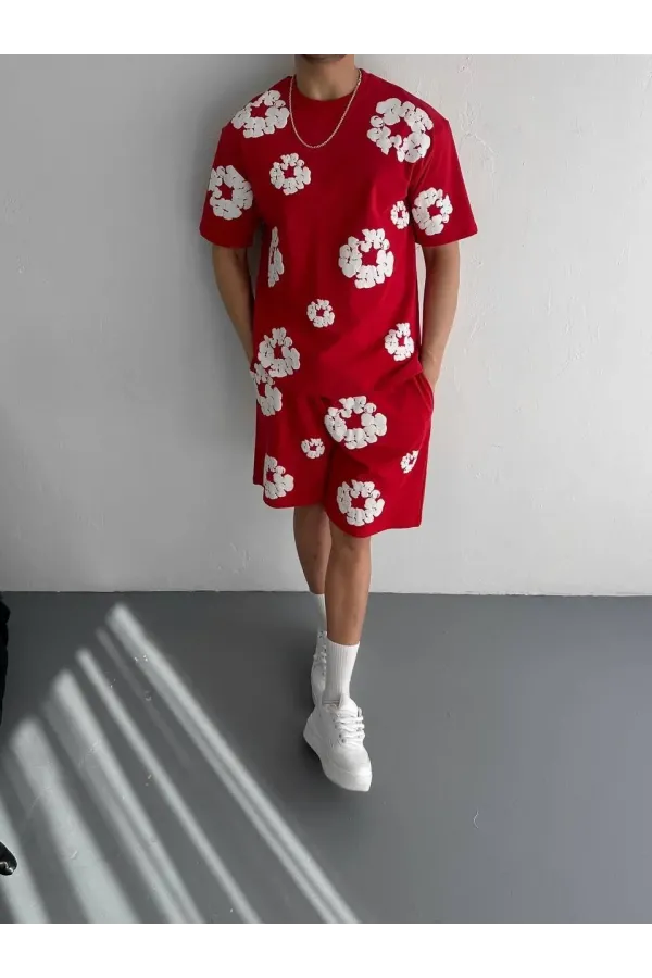 İki İplik Kumaş Baskılı T-shirt Şortlu Takım- Kırmızı