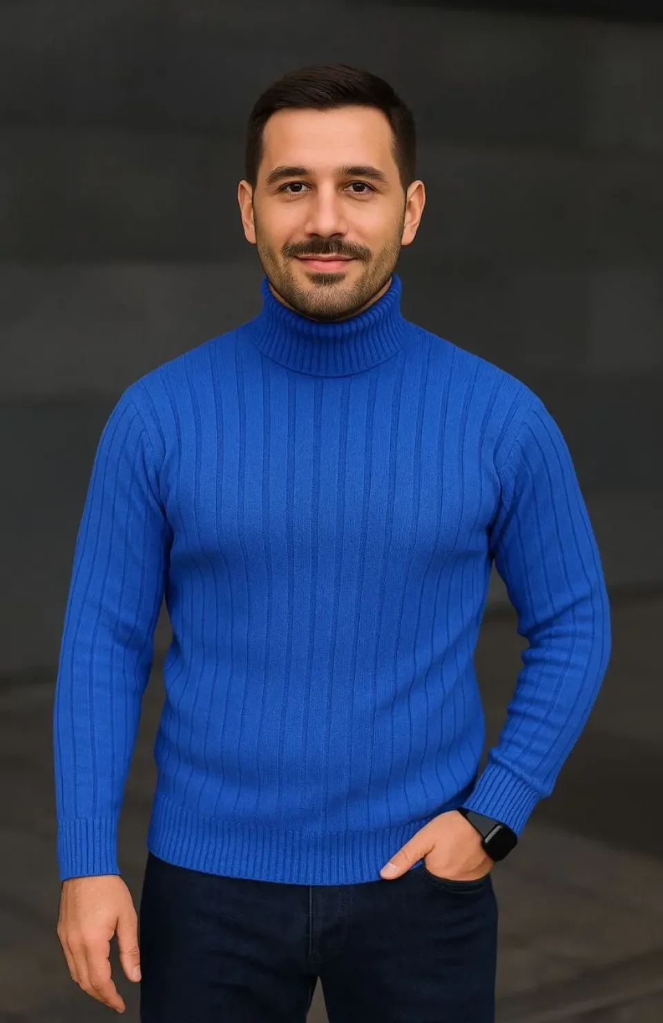 Erkek Balıkcı Yaka Bağazlı Triko Kazak Pamuklu Kalın Fitilli Dokuma, Regular Fit Uzun Kollu Kışlık Model - Saks Mavisi