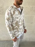Erkek Yarım Fermuarlı Desenli Polar Sweat Yakalı, Uzun Kollu, Oversize Rahat Kalıp - Bej