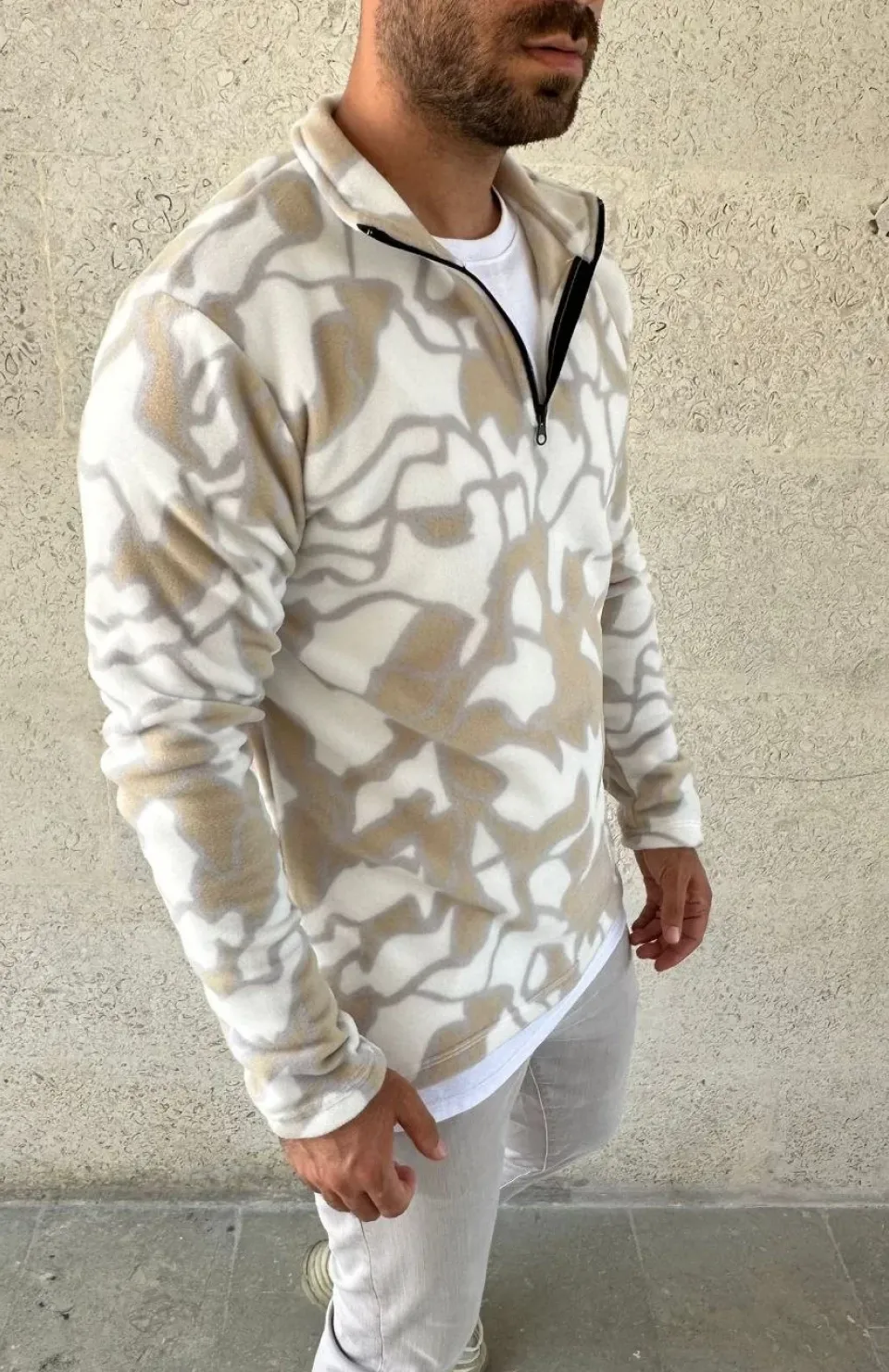 Erkek Yarım Fermuarlı Desenli Polar Sweat Yakalı, Uzun Kollu, Oversize Rahat Kalıp - Bej