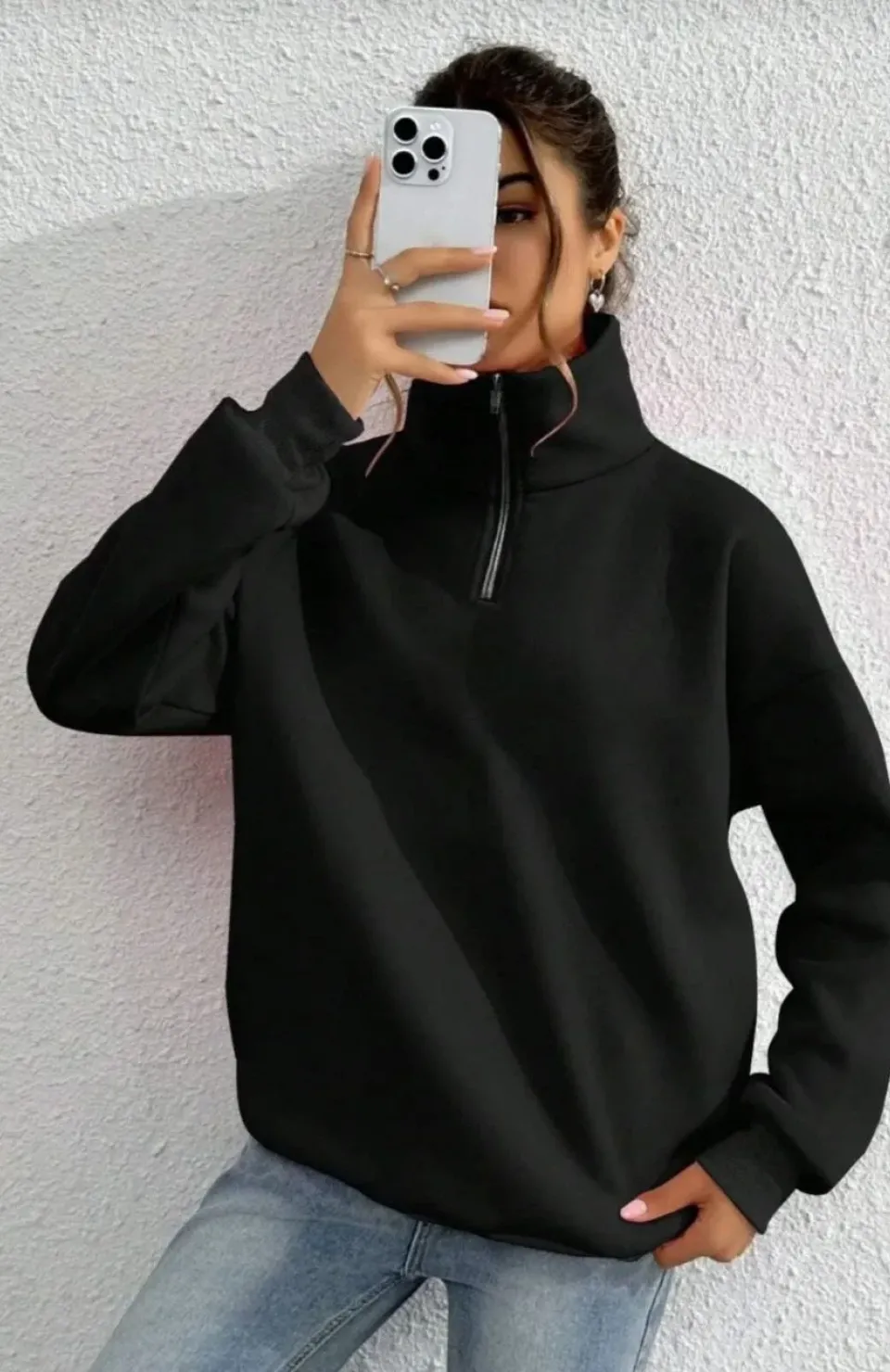 Unisex Uzun Kol Yarım Farmuarlı Yakalı Basic SweatShirt - Siyah