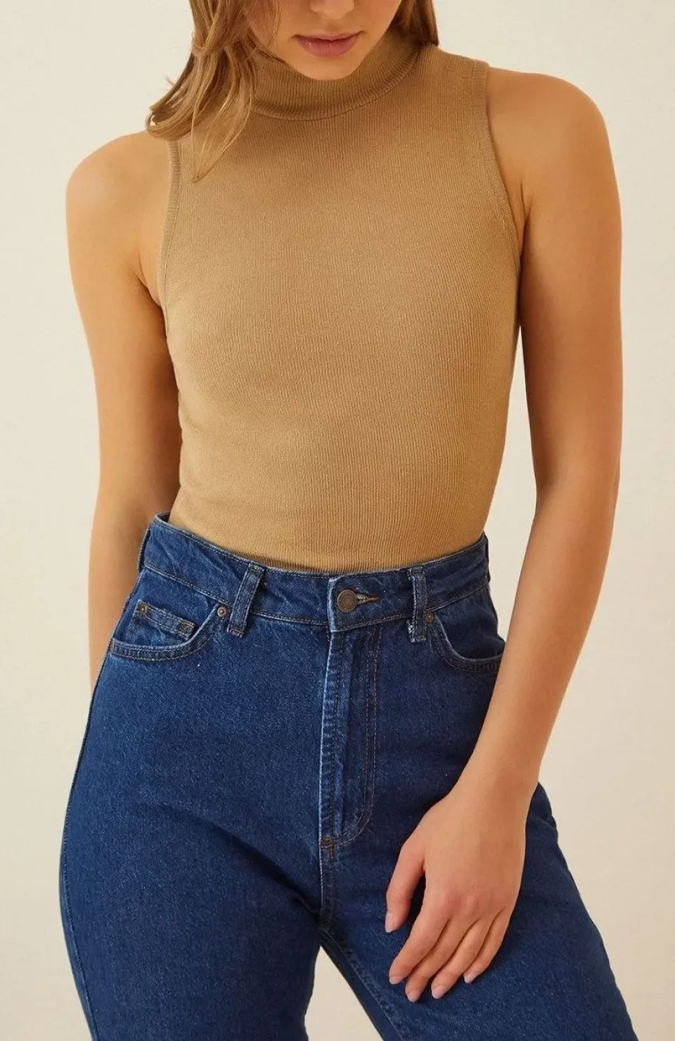 Kadın Full Likralı Fitilli Kaşkorse Body - Camel