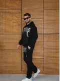 Erkek Premium Taş Baskılı Eşofman Takım Revenge Model (Siyah) Kapüşonlu Üst + Taşlı Baskılı Alt Modern Streetwear Tarzı Oversize Rahat Kalıp 3 iplik Pamuklu - Siyah