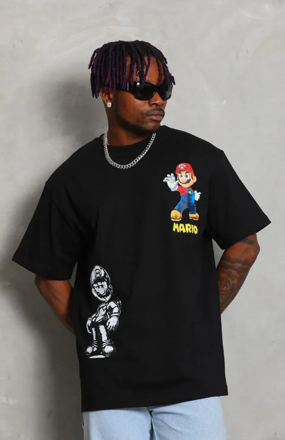 Unisex Oversize Baskılı Bisiklet Yaka T-Shirt - Siyah