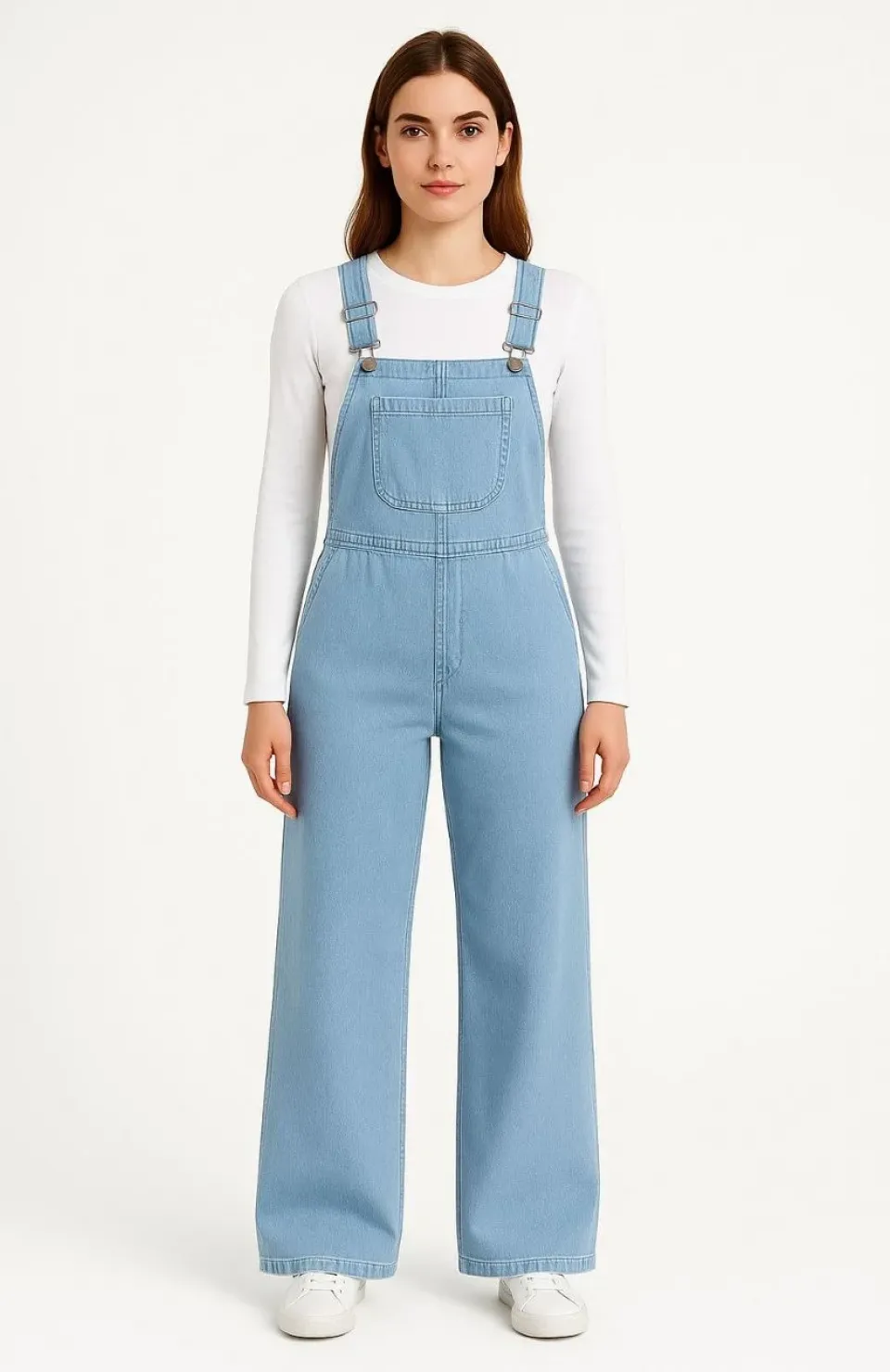 Kadın Chambray Açık Mavi Denim Görünümlü Geniş Paça Salopet Tulum - Mavi