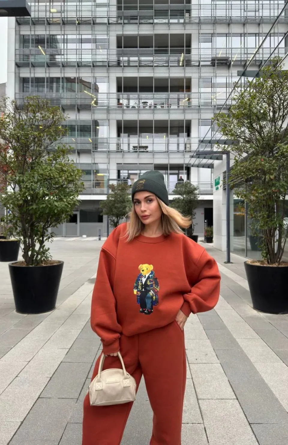 Bisiklet Yaka Üç İplik Sweat Takım - kiremit