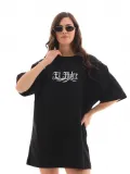 Unisex Bisiklet Yaka Baskılı Oversize T-Shirt - Siyah